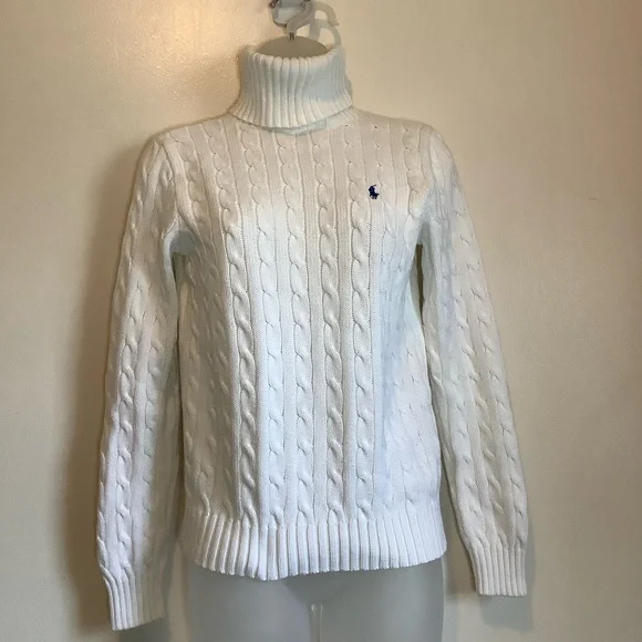 Ralph Lauren Sport CowlNeck Sweater Women Med. White Cable Knit Pullover Cotton - Picture 5 of 12